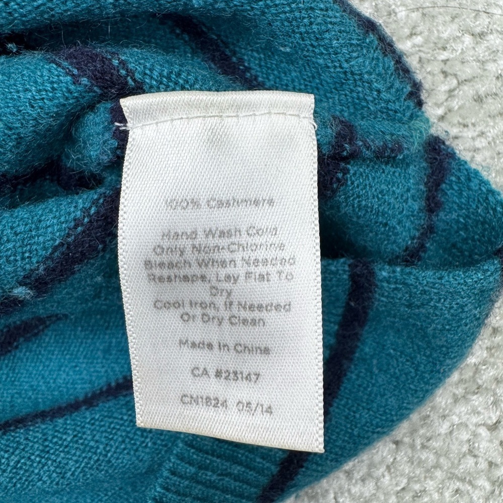 Talbots Striped 100%Cashmere Crewneck Sweater in White, Light Blue, Teal - Picture 3 of 5